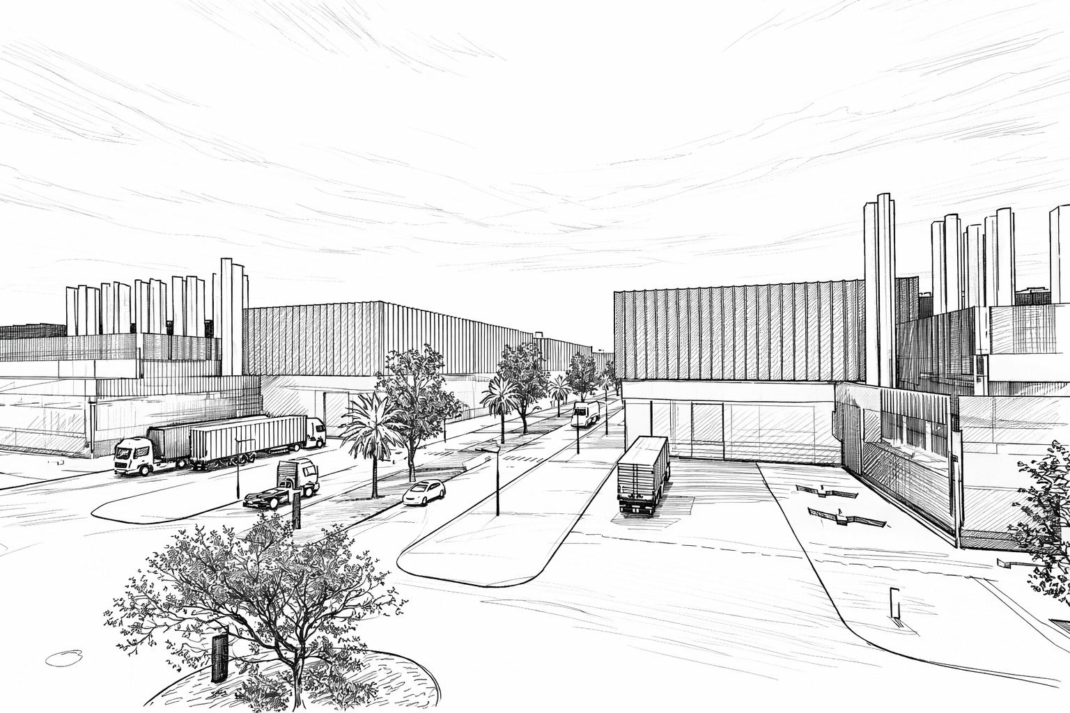 Concept sketch of a hyperscale data centre campus with renewable energy integration